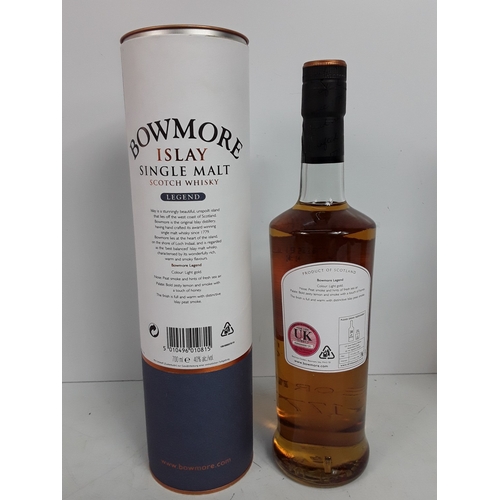 15 - Tubed bottle of Bowmore Legend, 70cl, 40% and a bottle of Long John, 26 2/3 fl.oz, 70 proof