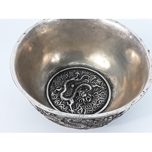 22 - Oriental white metal bowl, 12cms in diameter x 6cms in height, 404.1g