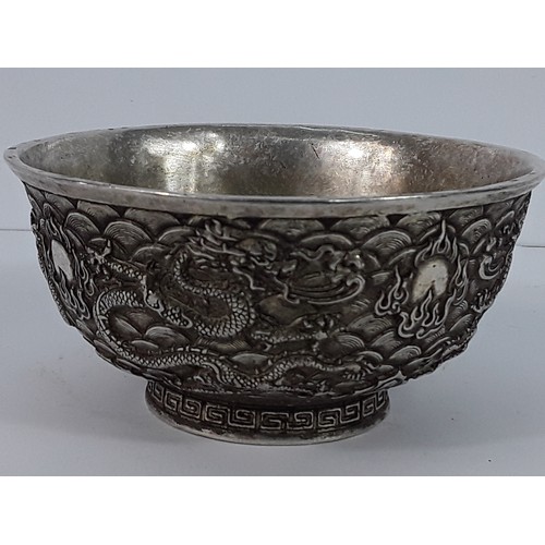 22 - Oriental white metal bowl, 12cms in diameter x 6cms in height, 404.1g