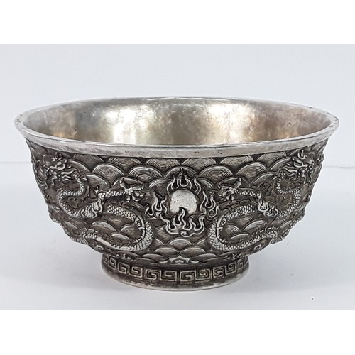 22 - Oriental white metal bowl, 12cms in diameter x 6cms in height, 404.1g