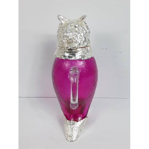 39 - Metal & glass claret jug in the form of an owl
