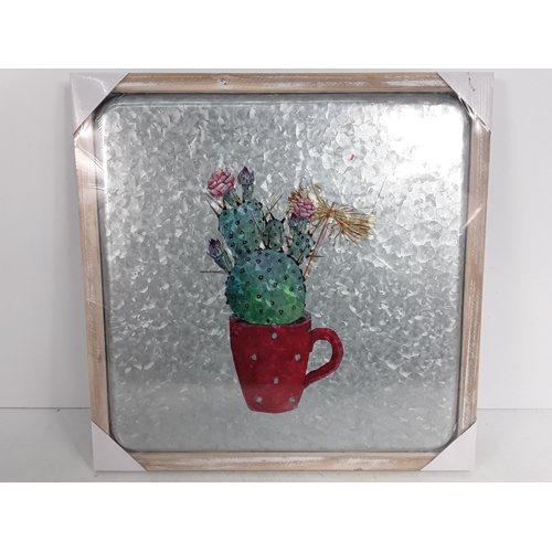 162 - Three boxes (36 pictures) of wooden framed metal pictures of a cactus in a mug, 48 x 48cms