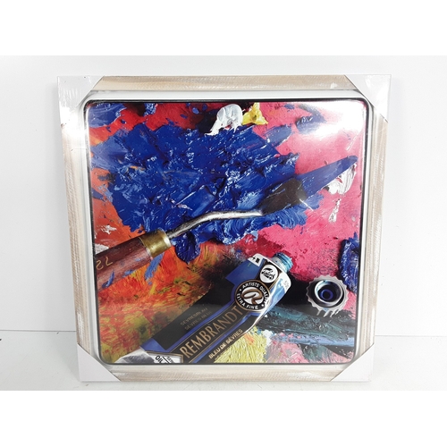 163 - Two boxes (24 pictures) of wooden framed metal pictures of an art pallet, 48 x 48cms