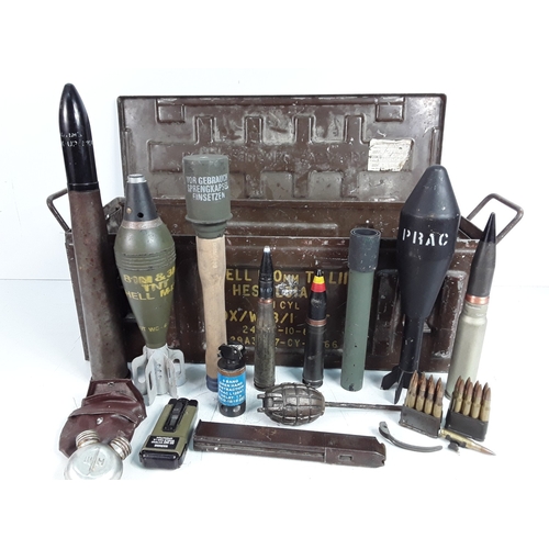 134 - Vintage ammunition box containing various grenades, mortars etc