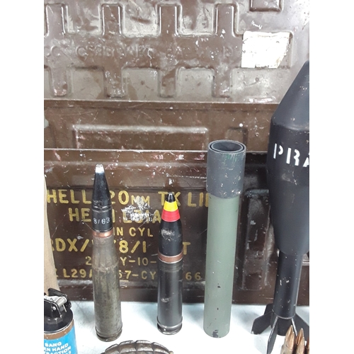 134 - Vintage ammunition box containing various grenades, mortars etc