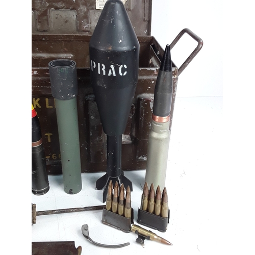 134 - Vintage ammunition box containing various grenades, mortars etc