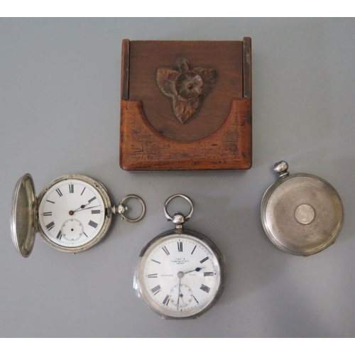 115 - Three Silver Pocket Watches for spares or repairs and wooden watch stand