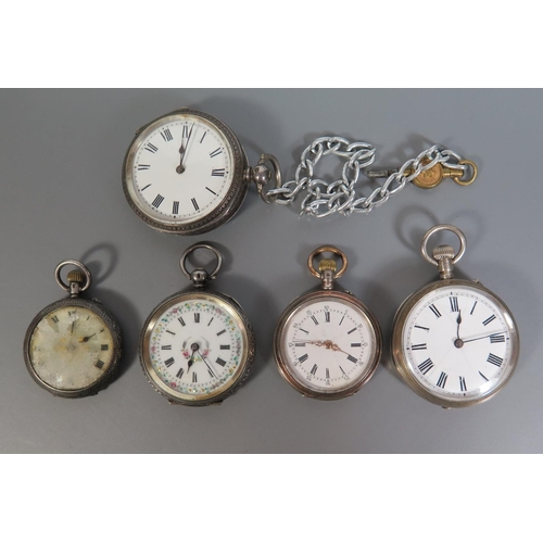 116 - Five Silver Fob Watches (one running)