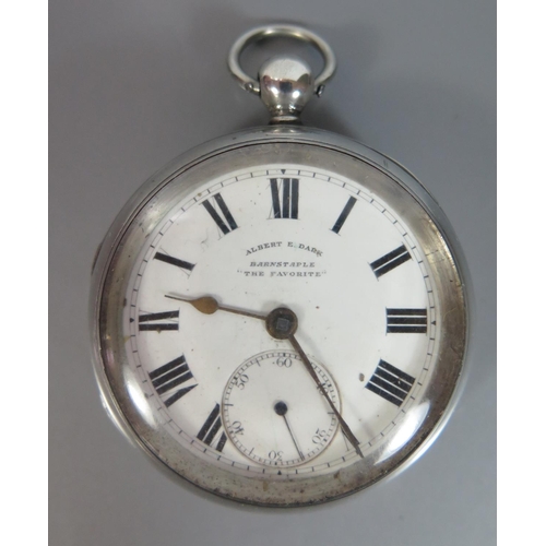 119 - 'The Favorite' An Edward VII Silver Cased Open Dial Pocket watch by Albert E. Dark of Barnstaple, th... 