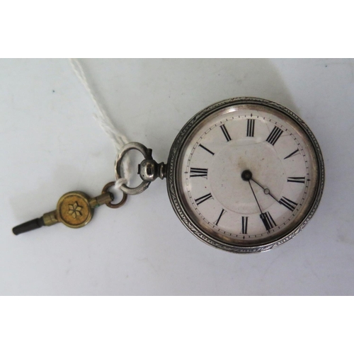 121 - A Victorian Ladies Silver Cased Open Dial Key Wound Fob Watch with key, Birmingham 1880, running