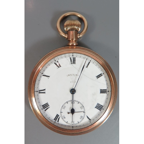 124 - A Standard Watch Co. New York Gold Plated Open Dial Keyless Pocket Watch, the screwback revealing mo... 