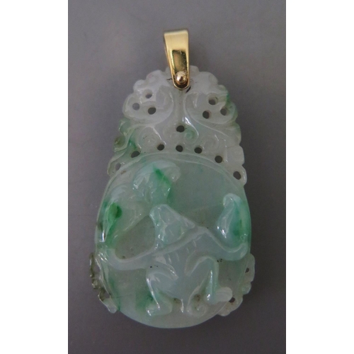 256 - A Chinese Carved Jadeite Pendant decorated with animals on a gold hanger, 42mm drop