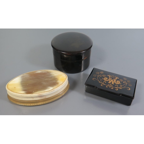 269 - A Nineteenth Century Tortoise Shell Hinged Box, horn snuff box and papier mache 'TOP MILL' snuff box