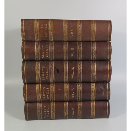 303 - The Novels of Sir Walter Scott, Robert Cadell 1843 in five volume bound in half leather and marbled ... 