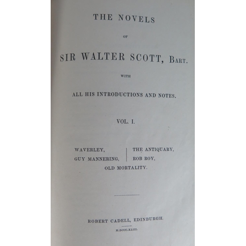 303 - The Novels of Sir Walter Scott, Robert Cadell 1843 in five volume bound in half leather and marbled ... 