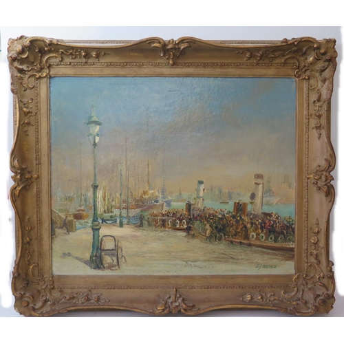 407 - S.J. Iredale, Port Scene with Ferries, oil on board, gilt gesso frame, 53 x 43cm