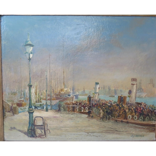 407 - S.J. Iredale, Port Scene with Ferries, oil on board, gilt gesso frame, 53 x 43cm