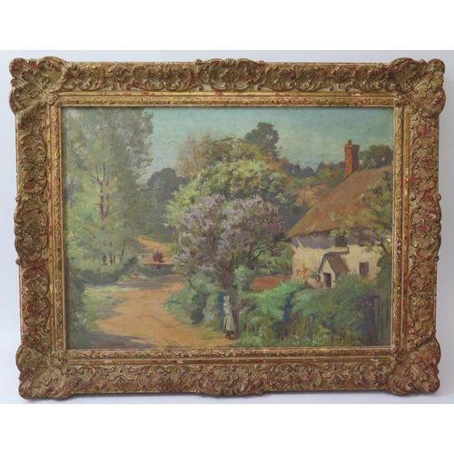 411 - Lionel Birch  (1858 - 1930), Cottage Scene, oil on canvas, gilt gesso frame, 39 x 28cm