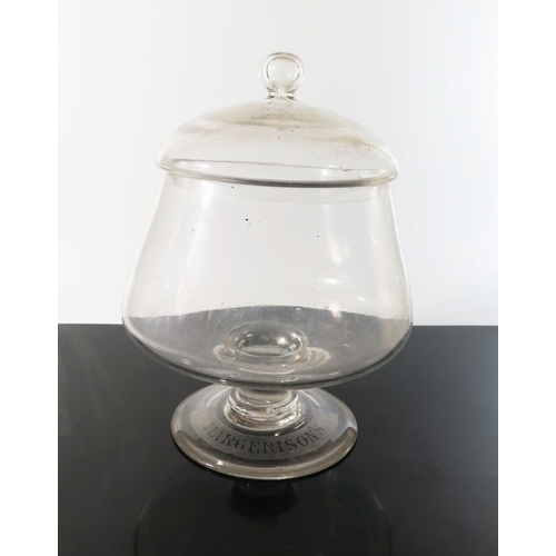 432 - A Margerison's Soap Glass Shop Counter Container with cover, 31cm, Margerison's Leighton St. Preston... 