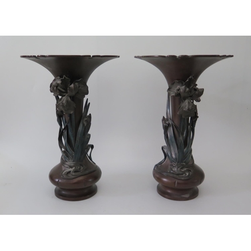 456 - A Pair of Japanese Bronze vases with applied cold painted bronze irises, signature to base, 32cm