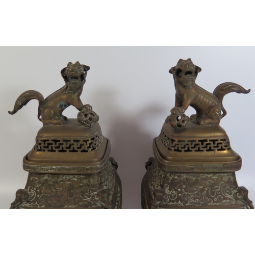 464 - A Pair of 18th/19th Century Chinese Bronze Vases with covers, 26.5cm