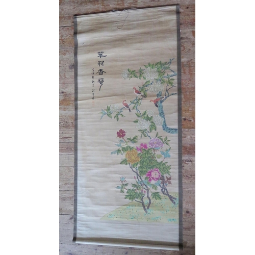 469 - A Chinese Painted Scroll decorated with birds and flowers 221 x 100cm and one smaller