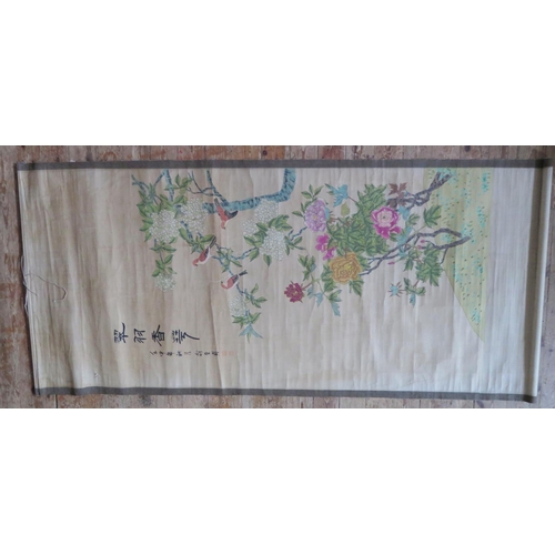 469 - A Chinese Painted Scroll decorated with birds and flowers 221 x 100cm and one smaller