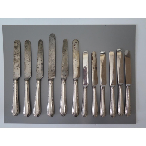 61 - A Set of 6 + 6 Victorian Silver Handled Bead Edge Knives, London 1890, T.K.B.