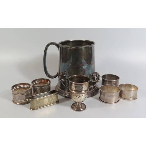 76 - A Selection of Silver Napkin Rings, small presentation cup etc AND plated ware including Garrard bee... 