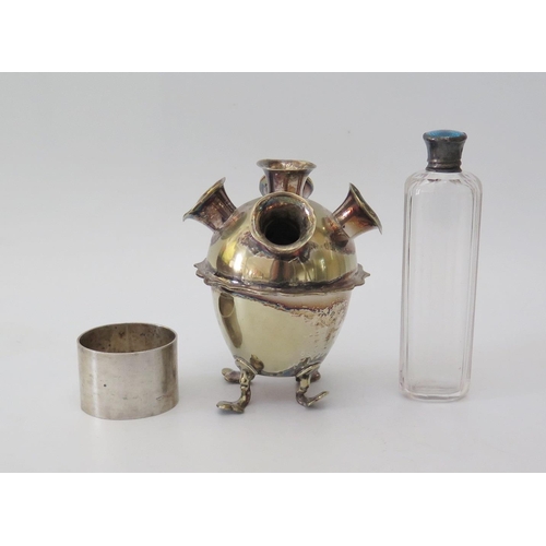 77 - A Silver and Guilloché Enamel Slice Cut Glass Flask, Chester silver napkin ring and EPNS specimen va... 