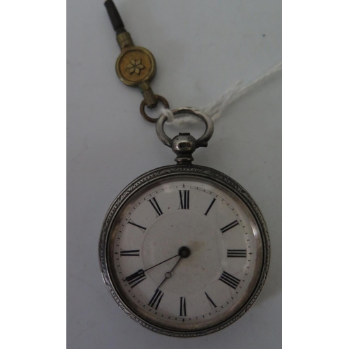 121 - A Victorian Ladies Silver Cased Open Dial Key Wound Fob Watch with key, Birmingham 1880, running