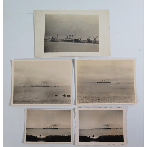 268 - A Photographic Postcard and FOUR photographs of the R.M.S Olympic (TWO STAMPED VERSO 'Dennis White's... 