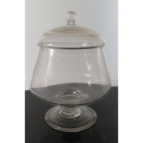 432 - A Margerison's Soap Glass Shop Counter Container with cover, 31cm, Margerison's Leighton St. Preston... 