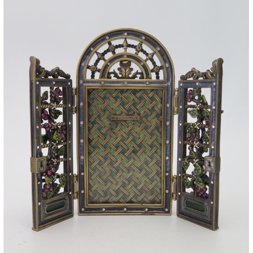 442b - A Jay Strongwater Enamel and Gem Set Triptych Photograph Frame modelled as a pair of doors with vine... 