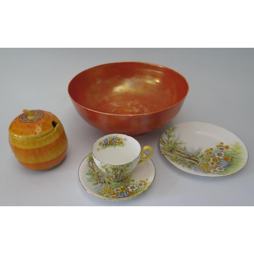 455 - A Ruskin Pottery Orange Lustre Egg Shell Bowl, 23cm diam. AND Shelley preserve jar AND Shelley trio