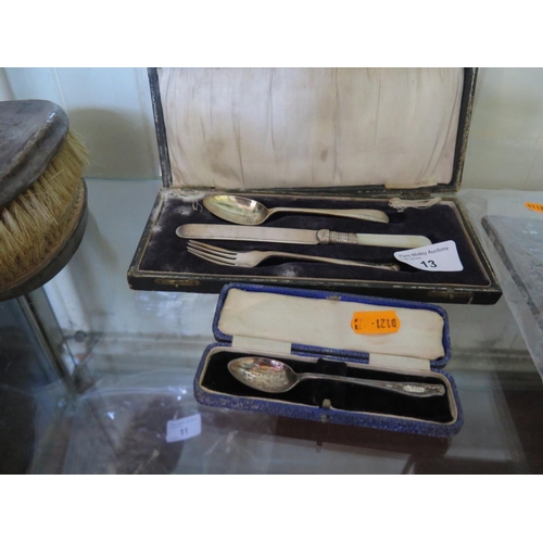 13 - A Cased Silver Christening Flatware Set and one other cased spoon