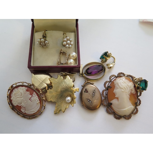 36d - Two Shell Cameo Brooches, gold plated lockets, 9ct gold pearl screw earrings etc