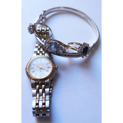 37a - Two 9ct Dress Rings, 9K dress ring 8.9g, silver bangle and Accurist ladies watch