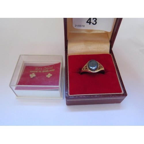 43 - A 9ct Gold Signet Ring size R and 9ct gold earrings