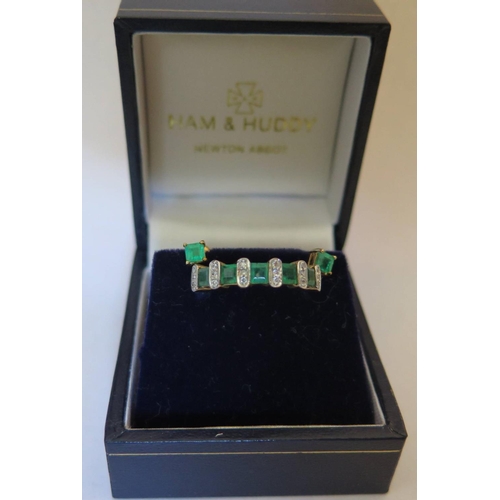 44k - A 9ct Gold, Emerald and Diamond Half Eternity Ring size N.53.1g and pair of emerald earrings