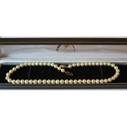 44m - A Single Strand Cultured Pearl Necklace with 9ct clasp, 43cm long and two pairs of earrings