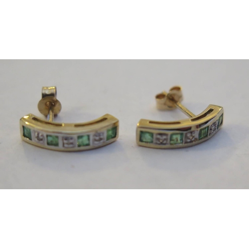 46f - A Pair of 9ct Gold Emerald and Diamond Half Hoop Earrings