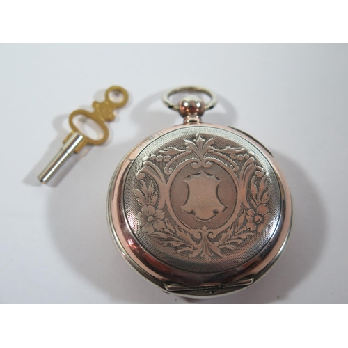 11 - A Silver Cased Ladies Keywound Fob Watch, the 45mm dial with  floral painted and gilt highlights and... 