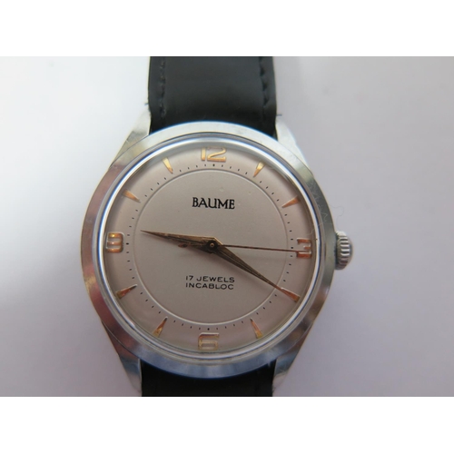 113 - A Baume Stainless Steel Gent's Centre Second Manual Wristwatch with 34mm dial, 1960's, running