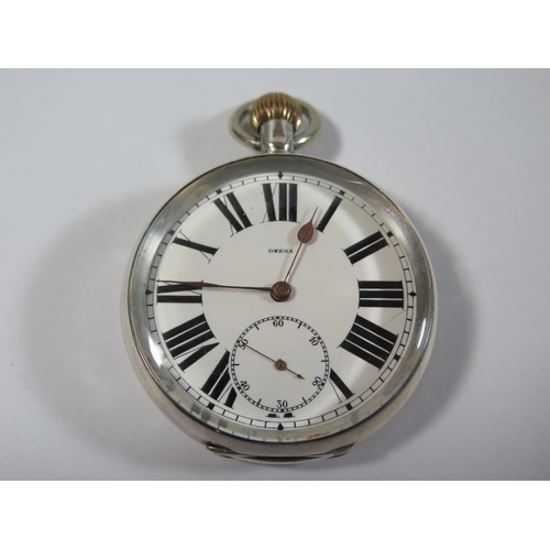 19 - An Omega .935 Silver Keyless Open Dial Pocket Watch, the enamelled dial with Roman numerals and subs... 