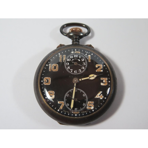 27 - A Zenith Keyless Open Dial Pinset Alarm Pocket Watch in gunmetal case, the 48mm black dial with Roma... 