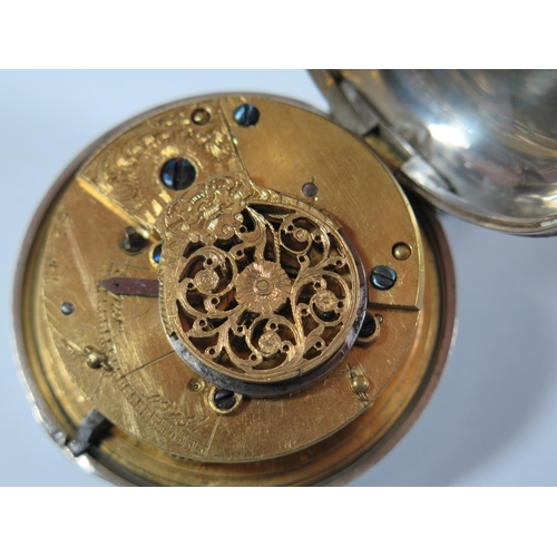 55 - A William IV Silver Pair Cased Verge Chain Driven Fusee Pocket Watch, the enamelled dial with Roman ... 