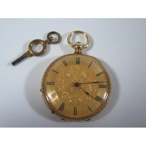 60 - An 18ct Gold Ladies Keywound Fob Watch with chased decoration, signed Frederich Geneve, running
