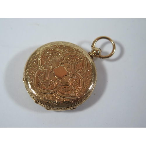 60 - An 18ct Gold Ladies Keywound Fob Watch with chased decoration, signed Frederich Geneve, running