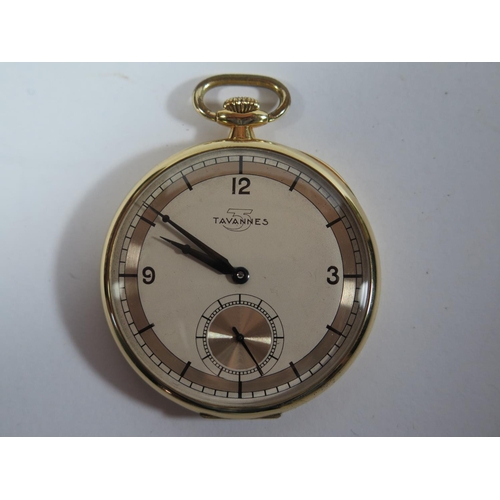 61 - A Tavennes 18ct Gold Cased Keyless Open Dial Pocket Watch, the 46mm dial with Roman Numerals and sub... 